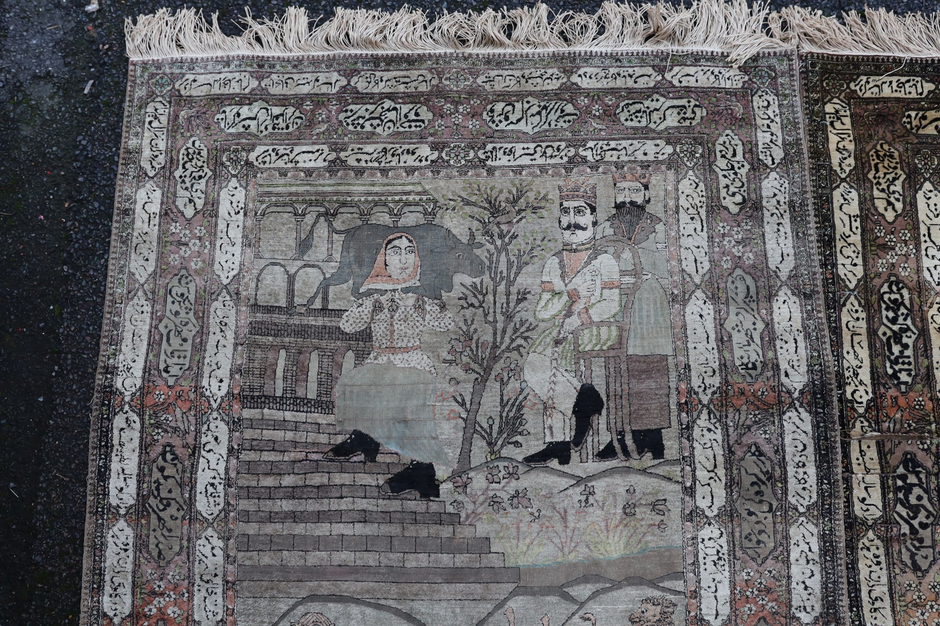 A pair of late 19th/ early 20th century Kashan silk pictorial rugs, woven with nobleman over hunters on horseback. 220 x 130cm.